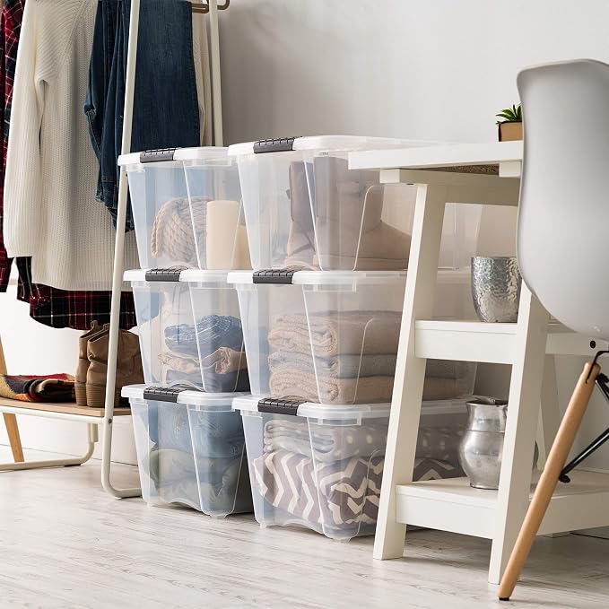 IRIS USA 6-Pack 32 Quart Storage Bins with Lids, Clear | Transparent design makes items easy to find, Great for linens, décor, closet storage, and supplies, Nestable to save space