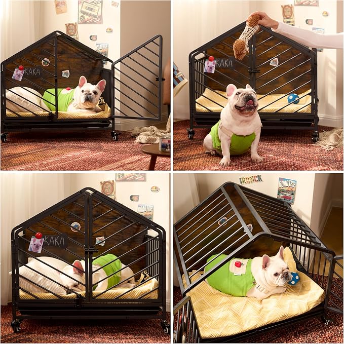 IRONCK 27.6" Dog Crate Furniture with Pull-Out Tray and Wheels | Roof-shape frame. 4 wheels and pull-out tray. Bone name tag. For small medium dogs.