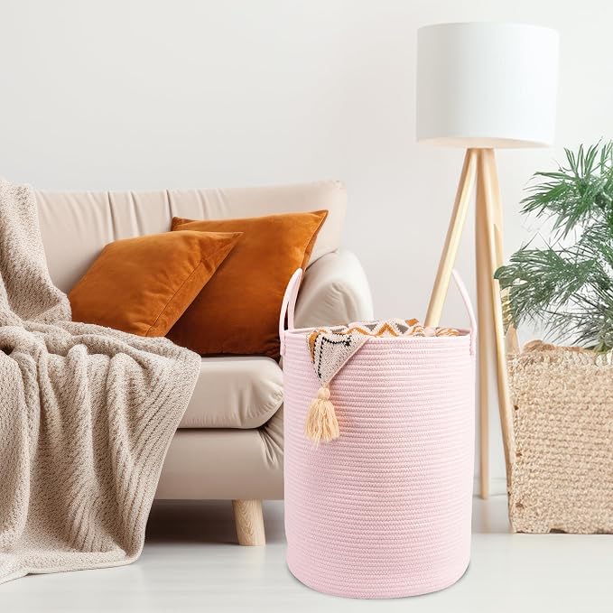 Woven Cotton Rope Laundry Basket, 15" x 20" Laundry Hamper, Pink | Rope storage basket for dirty clothes, toys and blankets. Perfect for bathroom, baby nursery and living room storage.