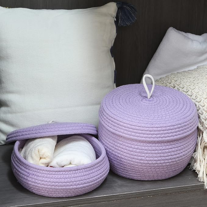 Sea Team Round Woven Cotton Rope Storage Basket with Lid, Lavender | Lidded Knitted Decorative Storage Bin, Pot, Caddy, Organizer, Container for Snacks, Towels, Plants, 10 x 7.5 Inches