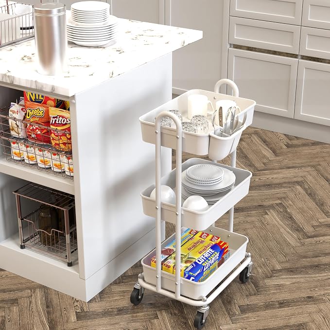 Simple Houseware 3-Tier Rolling Utility Cart with Hanging Bucket, White | Storage for Bathroom, Kitchen, Office, Study Room, Nursery Diaper