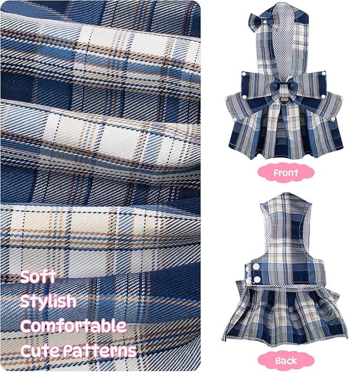 Coppthinktu Plaid Dog Dresses for Small Dogs Girl Bowknot Harness Leash Set