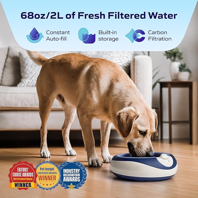 Maxi Filtered Dog Water Bowl, 2L/68oz - No Power or Batteries Needed, Auto-Refill, No Spill, Portable Travel Lock, Carbon Filter, BPA-Free, Dogs & Cats