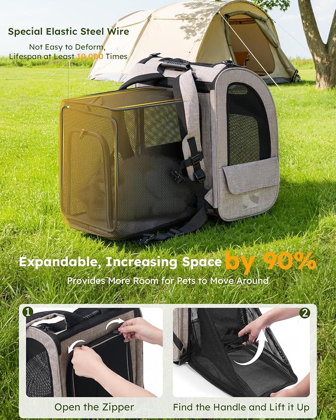 pecute Cat Backpack Expandable, Dog Carrier Backpack Breathable, Large | Durable Oxford Cloth, Lockable Zipper,Use for Pet Under 15 lbs to Travel