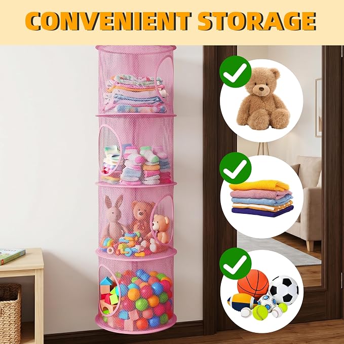 Hanging Stuffed Animal Storage Hammock Net 4 Tiers, Pink | Hanging Mesh Storage Organizer for Kids Room, Holds Plushies, Gloves, Hats, Socks, Foldable Space-saving Design