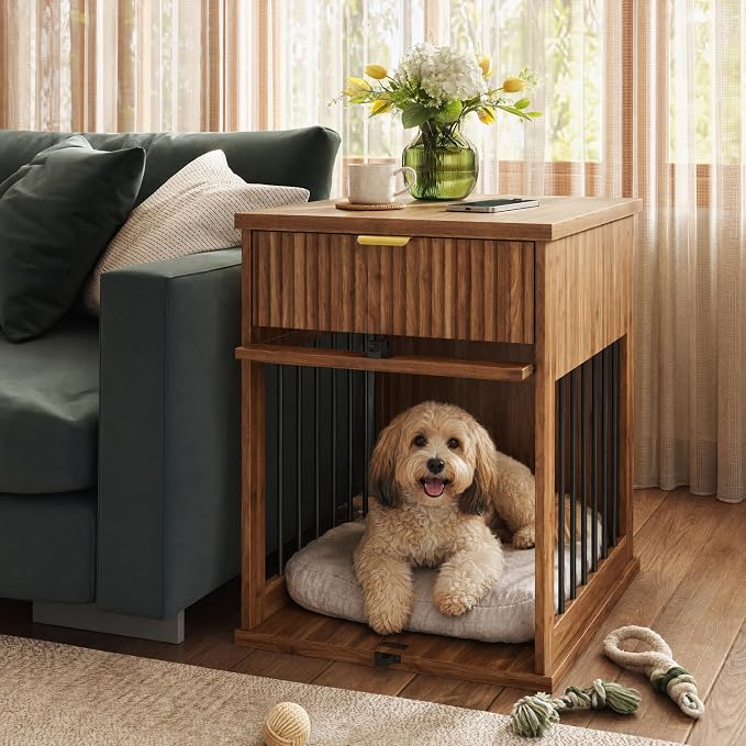 Dog Crate End Table w/Charging Station, Glass Door, Storage Drawer | Smart 3-in-1 design with built-in power hub.hideaway tempered glass door & deep drawer.Sturdy MDF build for small dogs.