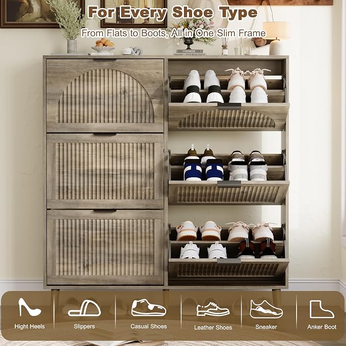 Shoe Storage Cabinet with 6 Flip Drawers, Narrow Wood Shoe Organizer Cabinet with Fluted Panel, Slim Shoe Rack for Entryway, Freestanding Shoe Cabinet for Living Room, Hallway, Grey