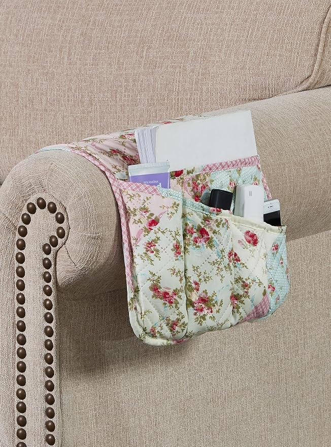Brilliant Sunshine Pink & Green Roses Couch Armrest Cover, 35"×13" | Washable Magazine Holder, Armrest Organizer & Caddy on Sofa, Recliner, Armchair, Storage for Remote Controls, Phone, iPad