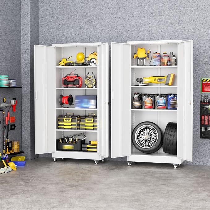 Greenvelly Metal Garage Storage Cabinet with 4 Swivel Wheels, 73" White Storage Cabinet on Wheels, Rolling Tool Cabinet with Locking Doors and Shelves for Garage, Basement, Home, Warehouse