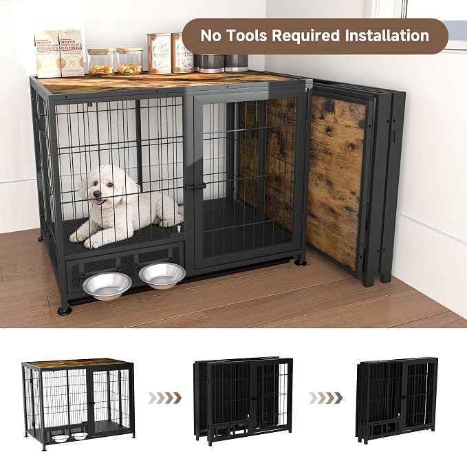 Heavy Duty Dog Crate for Small Dogs, 3 in 1 32.7" Foldable Collapsible Dog Kennel & Playpen with Lockable Wheels & Feeding Bowls, Escape-Proof Metal Dog Cage for Indoor Outdoor Use, Rustic Brown