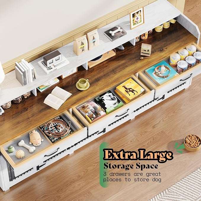 LUXOAK 95" Large Dog Crate Furniture with Storage 3-Room Indoor Dog Kennel | Dog Cage for Large/Medium Dogs, TV Stand & Sideboard with Drawers & Removable Divider, White+Barnwood