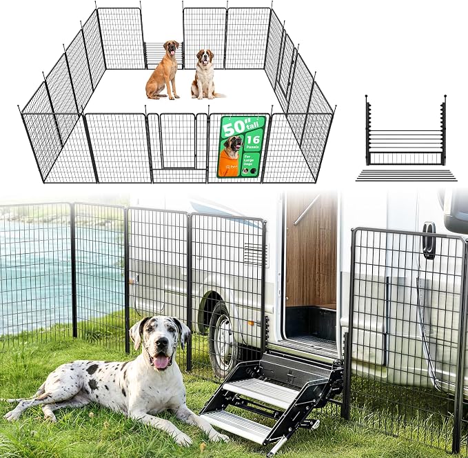 FXW Rollick Dog Playpen with RV Step Grid for RV Camping, 50" H, 16 Panels | Easy Setup & Sturdy, Blocks RV Stair Gaps, Fits RV Steps up to 26"W, For Large Dogs, Patented