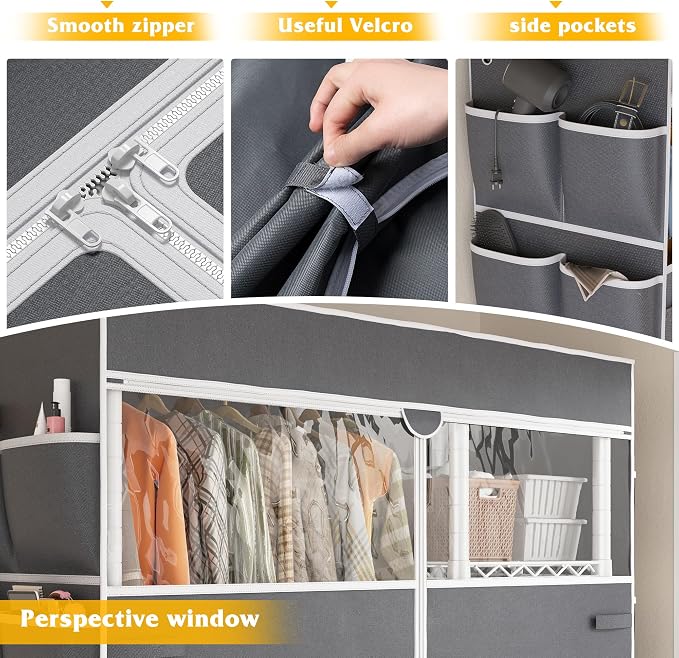 Raybee Clothes Rack with Cover, Rolling Portable Closet, 4 Hanging Zone | Heavy Duty, Tool-free Assembly, Adjustable Shelves, Lockable Wheels, Freestanding, Covered, Saving Space for Bedroom,Dorm