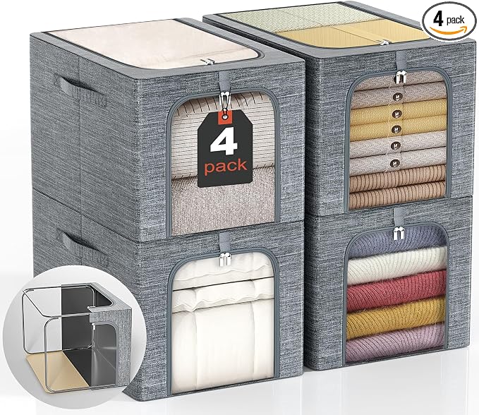 GoMaihe Clothes Storage Bins with Metal Frame for Closet, 40L 4-Pack Grey | Sweaters Hoodies Jeans T-Shirt, Closet Top Shelf Organizer, Steel Frame Collapse-Proof, Stackable, Clear Window, Dual Access
