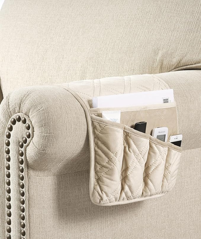 Brilliant Sunshine Beige Velvet Couch Armrest Cover, 35"×13" | Washable Magazine Holder, Armrest Organizer & Caddy on Sofa, Recliner, Armchair, Storage for Remote Controls, Phone, iPad