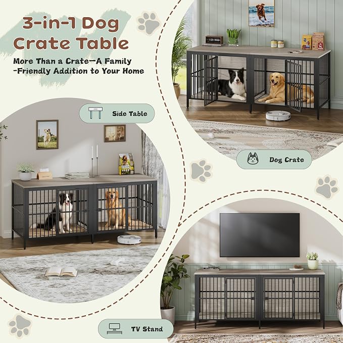 80'' Double Dog Crate Furniture for 2 Dogs, Large Dog Kennel Furniture Indoor as TV Stand, Wooden Dogs Cage Heavy Duty Kennel End Side Table for Living Room, Large & Medium Dogs, Grey