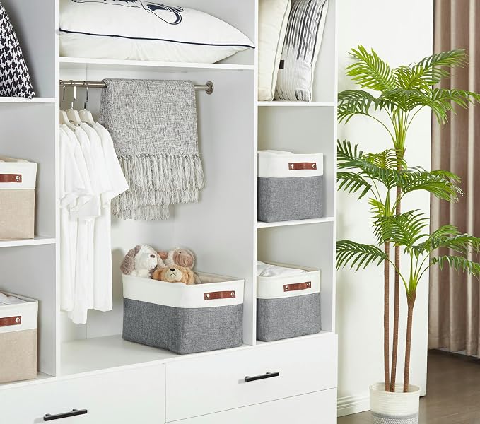 DECOMOMO Storage Bins, Extra Large Fabric Storage Baskets for Shelves 3Pack | 15.8 x 12.5 x 10 inches Decorative Linen Closet Organizers (Slate Grey & White)