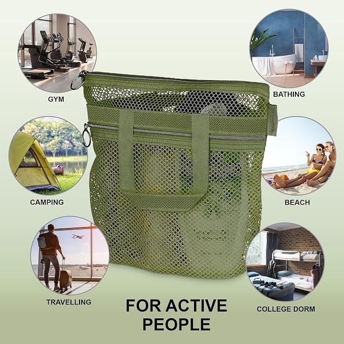 Mesh Shower Bag 10.2x9.9'' Quick-Dry Caddy with Zipper & 2 Pockets. Portable Toiletry Tote for Bathroom, Gym, Travel, Camp, Beach, for Sunscreen, Dorm & College Essentials (Olive Green)