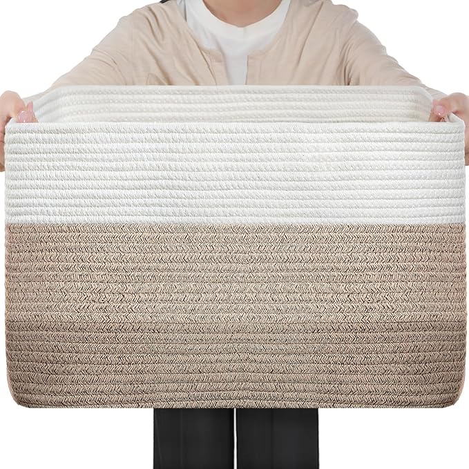 Optish 75L Large Woven Blanket Basket, Storage Basket with Handles | Sturdy Cotton Rope Basket Organizer Blanket, a lot of Toys, Comforter, Pillows, Bedroom, Living Room, Bathroom, Easy to Carry