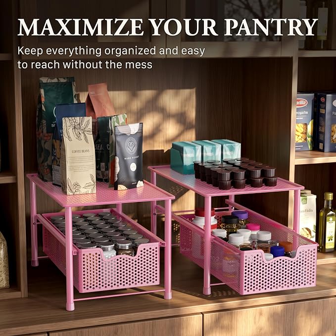 Simple Houseware Stackable Under Sink Sliding Basket Drawer, Pink | Perforated Free Standing Organizer, Kitchen/Pantry/Cabinet/Counter