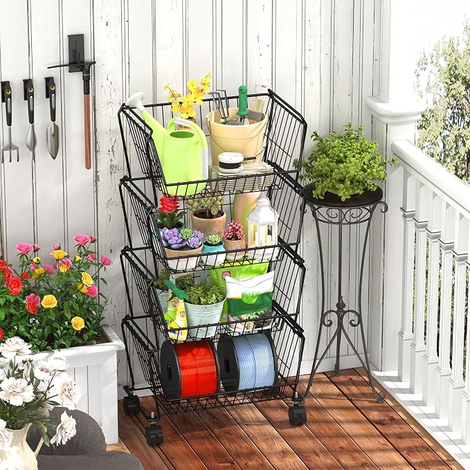 PUSDON 4-Tier Spacious Stackable Wire Storage Baskets with Wheels, Metal Rolling Utility Cart, Produce Basket for Pantry, Bathroom Organizer Shelf, Matte Black