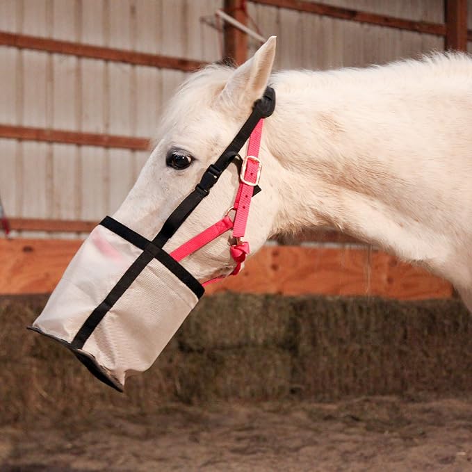 Majestic Ally Horse Feed Bag, Heavy Duty Nylon Mesh Grain Feed Bag, Adjustable Strap with Durable Snap and Elastic Straps, Comfort Neck Pad and Nose Pad- Large (Cob, Beige)