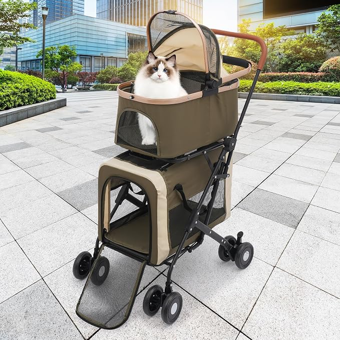 Double Dog Stroller for 2 Small & Medium Pets, Double Pet Stroller with Detachable Carriers, Foldable Dog Stroller for 2 Dogs, Two-Seater Carrier Dog Walk Jogger Travel Pet Carriage Cart (Dark Green)
