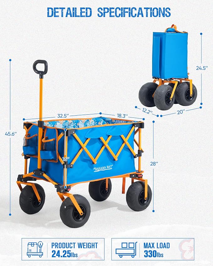 Old Bahama Bay Beach Wagon with Balloon Wheels, Foldable Sand Cart | 9" Balloon Wheels for Soft Sand, Large Capacity Wagon, Umbrella Storage, 330 lb Steel Frame, Quick Fold Design