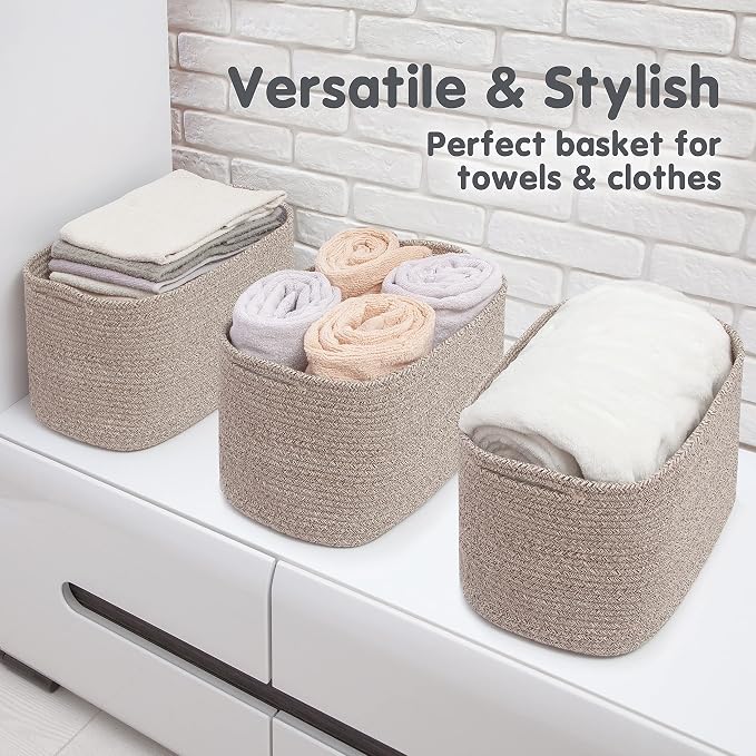 CHAT BLANC Cotton Rope Baskets for Organizing, Shelves, Toys, Storage, Shoe, Bathroom, Laundry, Towel, Nursery, Home Decor, Blanket, Cloth Woven Bins Fabric (Brown, 15"x10"x9")