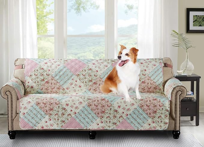 Brilliant Sunshine Pink and Green Rose Patchwork Couch Cover, Quilted X-Large Sofa Slipcover, 78" Seat Width, Slip Resistant Furniture Protector, 2" Strap, Washable Couch Cover for Pets, Pink Green | Quilted Sofa Cover, Living Room & Bedroom Furniture ...