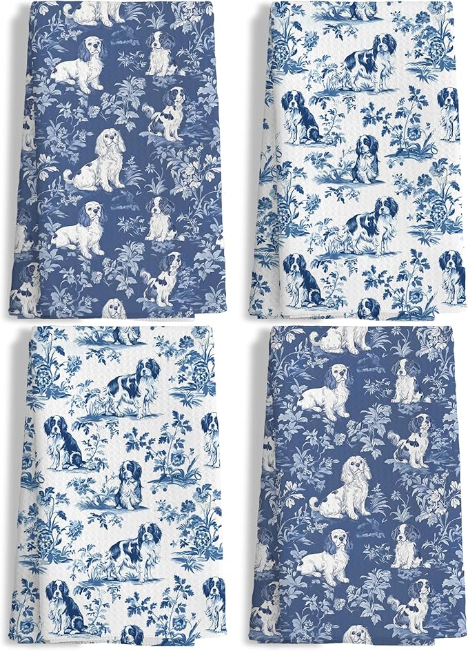 Chinoiserie Cavalier King Charles Spaniel Kitchen Towels Set of 4, Blue and White Floral Dog Decorative Dog Dish Tea Towels,Grandmillennial Hand Towels for Kitchen Bathroom, 16x24 Inch