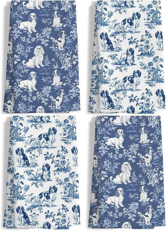 Chinoiserie Cavalier King Charles Spaniel Kitchen Towels Set of 4, Blue and White Floral Dog Decorative Dog Dish Tea Towels,Grandmillennial Hand Towels for Kitchen Bathroom, 16x24 Inch