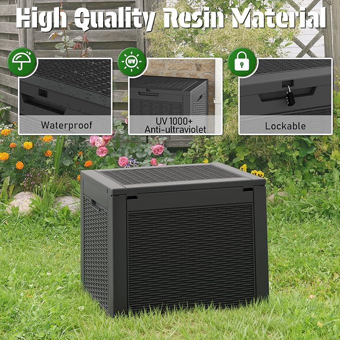 30 Gallon Outdoor Storage Box Waterproof Deck Box for Patio | Black, Resin, Small, Weatherproof, Lockable, Compact, Easy Assembly, Patio Pool Garden Accessories Storage, Organization