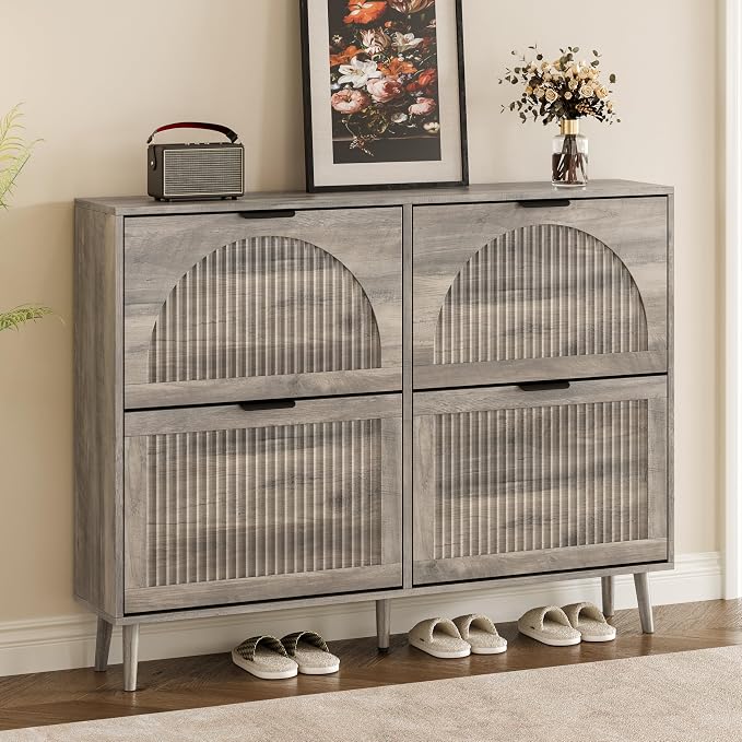 BORNOON Shoe Cabinet for Entryway with 4 Flip Drawers, Slim Wooden Shoe Storage Organizer with Modern Fluted Pannel，Freestanding Narrow Hidden Shoe Rack for Hallway, Foyer, Living Room
