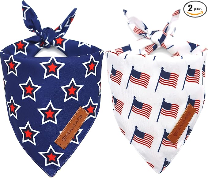 Realeaf American Flag Dog Bandanas 2 Pack, Triangle Reversible 4th of July Pet Scarf for Boy and Girl, Premium Durable Fabric, Patriotic Bandana for Small Medium Large and Extra Large Dogs (Large)