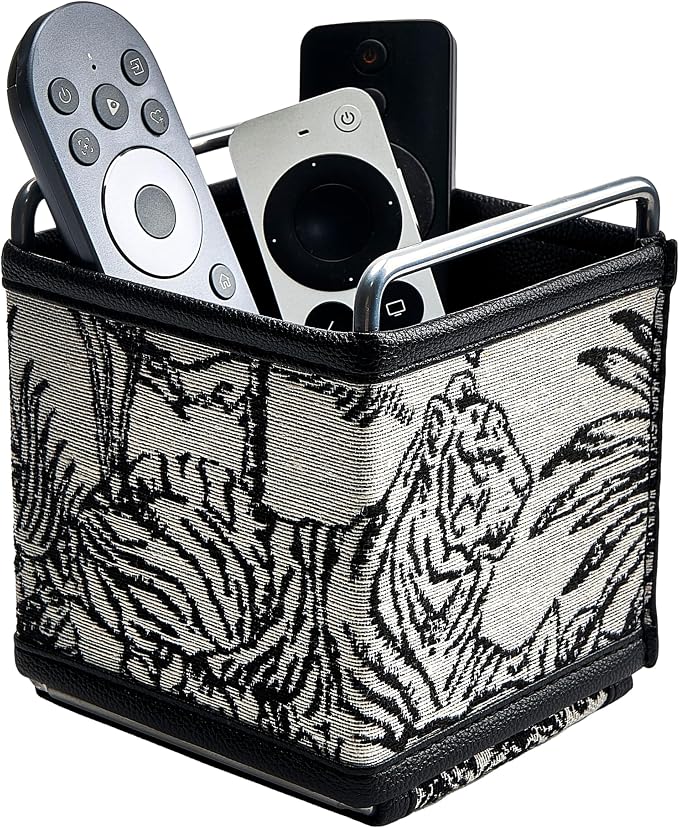 Leather Remote Control Holder - TV Remote Organizer Bedside Tapestry Caddy | No-assembly sturdy remote organizer in textured tapestry jacquard & leather. Randomly cut jungle pattern (no two are alike).