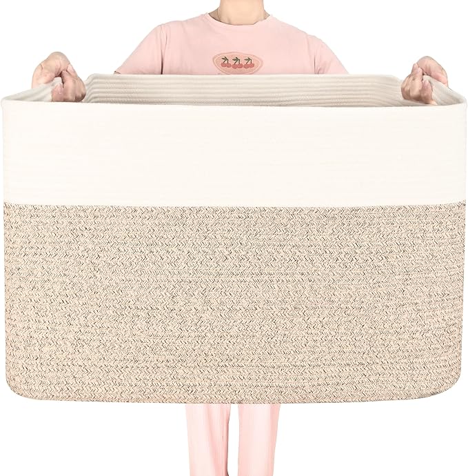 112L Extra Large Blanket Basket Holder Living Room, 25"x17"x16" Rectangle Rope Woven Storage Basket with Handles for Laundry, Pool Towels, Shoes, Dog Toy Organizer Bin Box, Light Brown