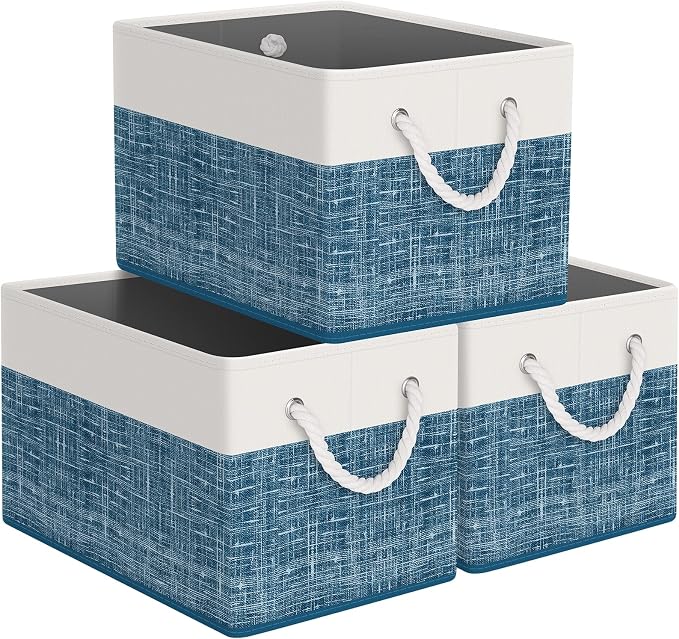 StorageTastic Storage Bin,Collapsible Storage Basket | For Organizing,Large Storage Boxes With Rope Handles,Storage Containers,White & Blue,3 Pack