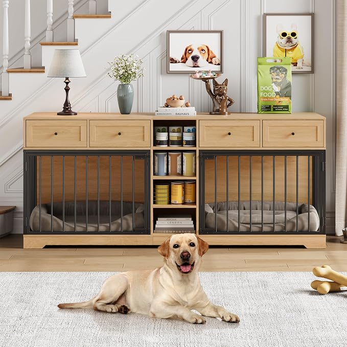 GarveeHome 82" Double Dog Crate Furniture with Drawers and Shelves, Natural | Heavy Duty Wooden Dog Crate TV Stand, Large Dog Kennel Indoor for 2 Medium/Large Dogs