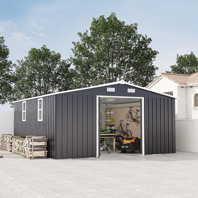 10x12 FT Outdoor Metal Storage Shed, Large Storage Shed with Two Daylight Windows, Outdoor Tool Shed with 0.23mm Color Steel Plate and Surface Protective Film, Dark Grey