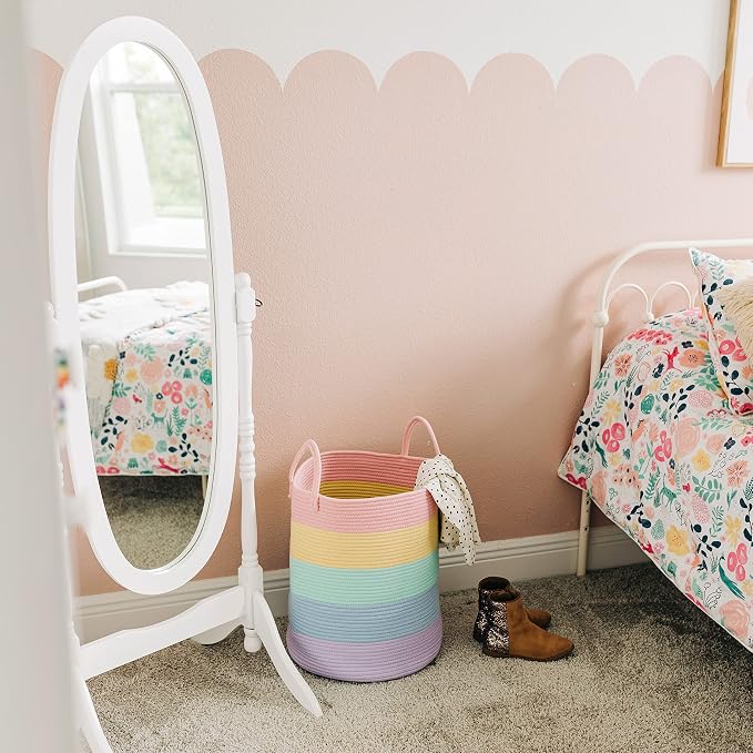 OrganiHaus Rainbow Laundry Basket & Hamper, Nursery Playroom 52L | Rainbow Pastel - Rainbow Cotton Rope Hamper, Nursery 52L