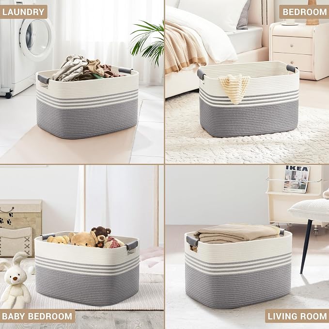 86L Large Woven Laundry Basket Hamper with Leather Handles,Grey | collapsible wicker hamper, storage for dirty clothes, toys, blankets, gifts, living room, bedroom, bathroom, 24"x16"x14"