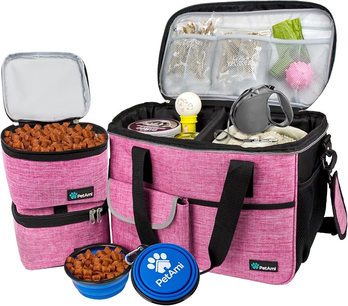 PetAmi Dog Travel Bag Organizer, Pet Supplies Tote Diaper Bag, Pink Medium | Pet Travel Kit with 2 Food Containers & 2 Collapsible Dog Bowls, Luggage Sleeve, Weekend Getaway Road Trip Camping Essentials