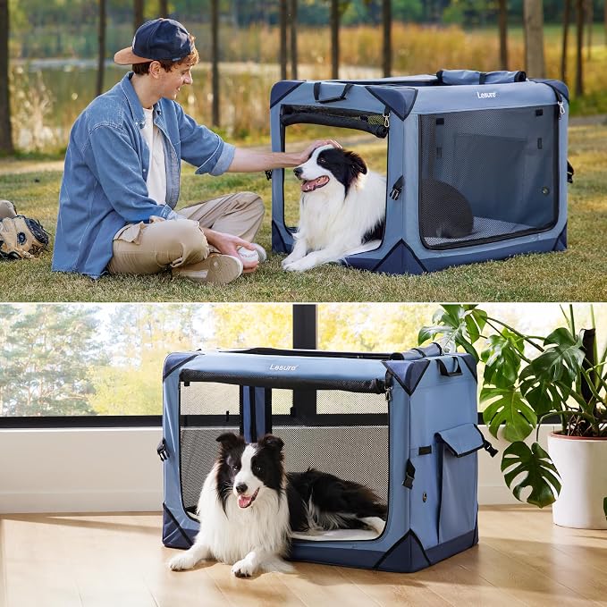 Lesure Portable Soft Collapsible Dog Crate for Medium Dogs, 30in Blue | Travel Camping Pet Kennel, 4-door, Indoor and Outdoor Use, Easy to Set Up and Fold, For Medium Breeds Up to 50lbs