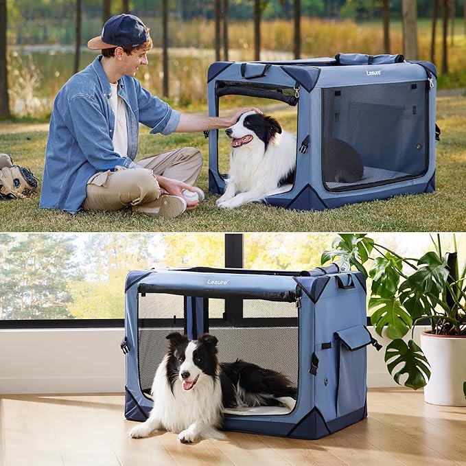 Lesure Portable Soft Collapsible Dog Crate for Large Dogs, 36in Blue | Travel Camping Pet Kennel, 4-door, Indoor and Outdoor Use, Easy to Set Up and Fold, For Large Breeds Up to 70lbs