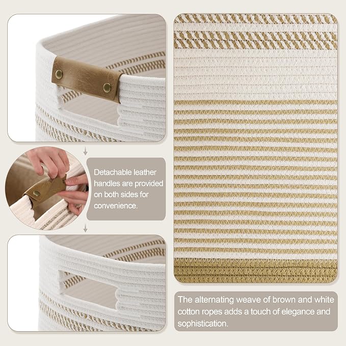 85L Tall Woven Laundry Basket Hamper with Leather Handles,Khaki | collapsible wicker hamper, storage for dirty clothes, toys, blankets, gifts, living room, bedroom, bathroom, 17"x14"x22"