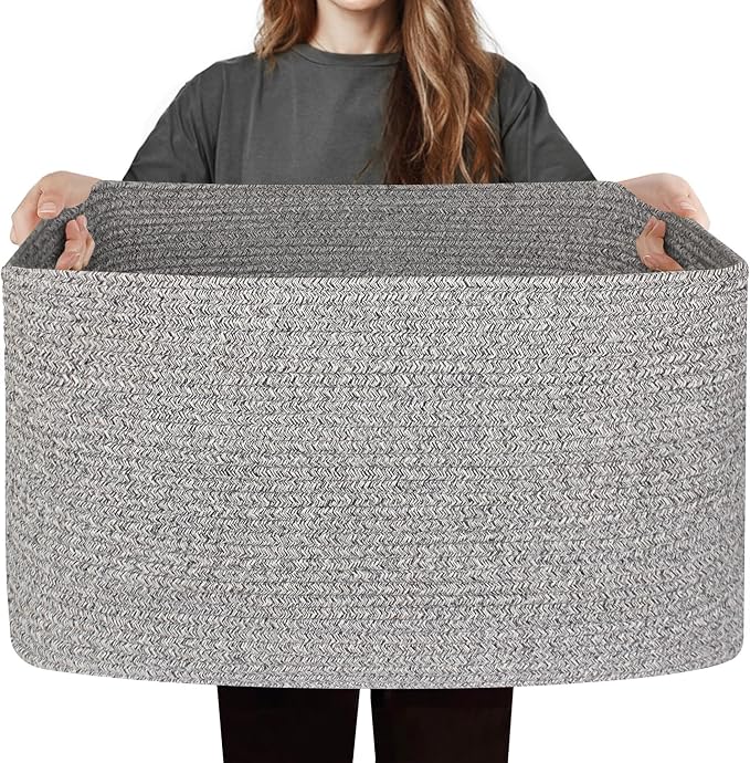 75L Large Storage Basket, 22”x17”x12” Blanket Storage for Living Room, Rectangle Woven Kids Toy Bin Box, Baby Laundry Basket, Cotton Rope Bin for Shoes Towels Stuffed Animals, Gray