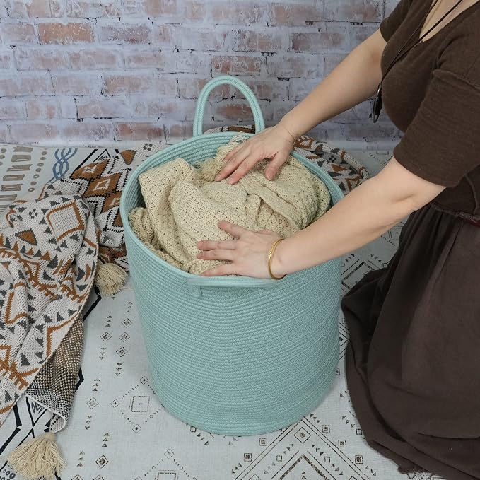 XUANGUO Cotton Rope Laundry Basket Hamper for Clothes Large Light Green | Baby Nursery Hamper Bin and Woven Storage Basket for Living Room Bedroom Boho Tall Rope Baskets Blankets Toys Pillows Towels