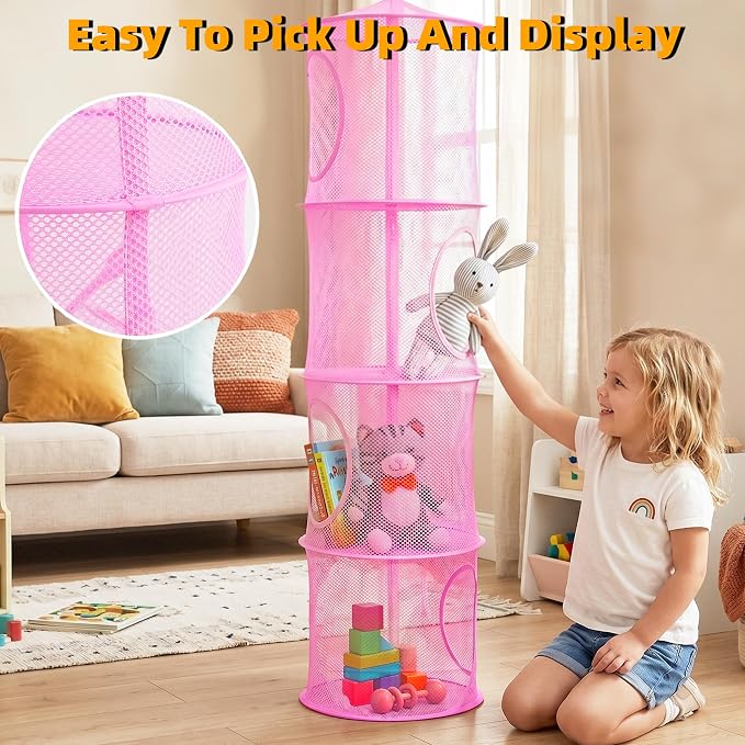 2Pcs Hanging Stuffed Animal Storage Hammock Net 4 Tiers, Pink | Hanging Mesh Storage Organizer for Kids Room, Holds Plushies, Gloves, Hats, Socks, Foldable Space-saving Design