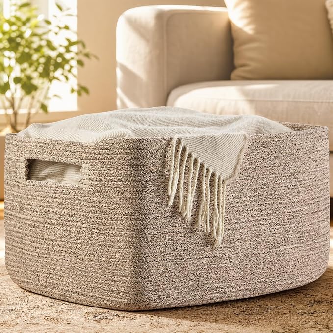 Optish 95L Large Woven Blanket Basket, Cotton Rope Laundry Basket, Brown | Sturdy Cotton Rope Basket Organizer Blanket, a lot of Toys, Comforter, Pillows, Bedroom, Living Room, Bathroom, Easy to Carry
